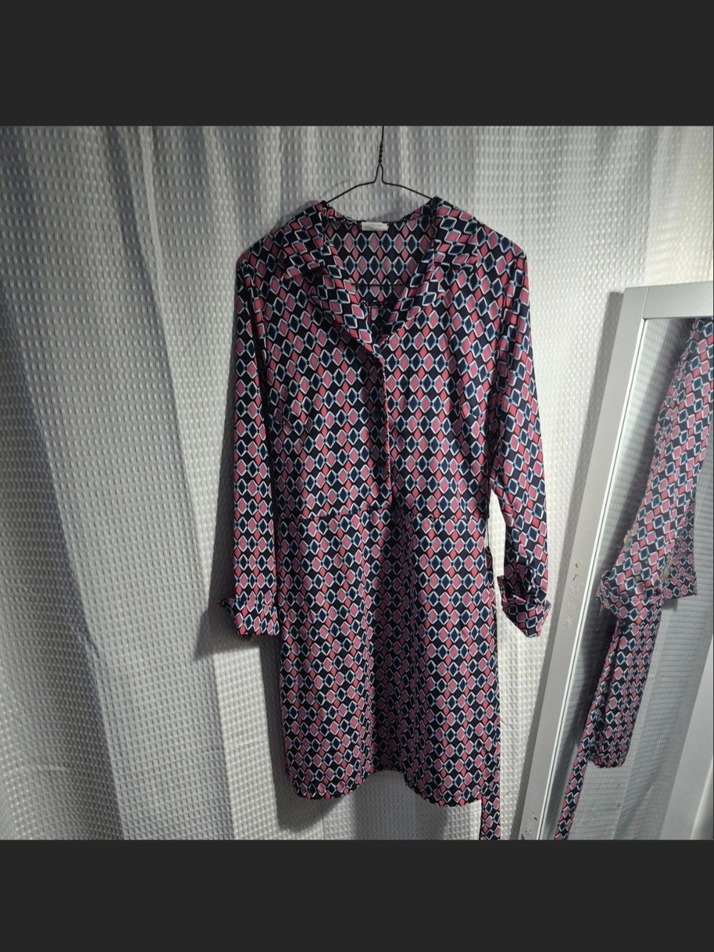 Geometric Print Shift Dress in Navy, Pink & White